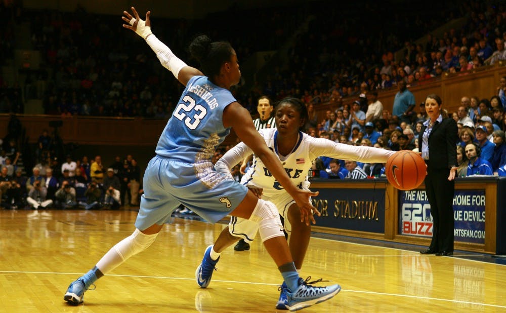 North Carolina's Diamond DeShields and Allisha Gray combined for 54 points as the Blue Devils fell to the Tar Heels at Cameron Indoor Stadium.