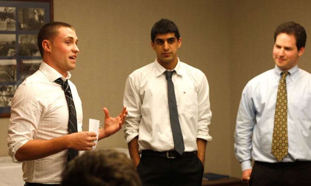 At DUSDAC’s meeting Monday evening, seniors Trevor Ragan, Shaan Puri and Daniel Certner (pictured left to right) present their plan to open a quick-service sushi eatery on campus next Fall.