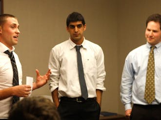 At DUSDAC’s meeting Monday evening, seniors Trevor Ragan, Shaan Puri and Daniel Certner (pictured left to right) present their plan to open a quick-service sushi eatery on campus next Fall.