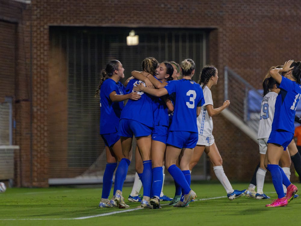 Duke celebrates after a goal against No. 8 North Carolina. 