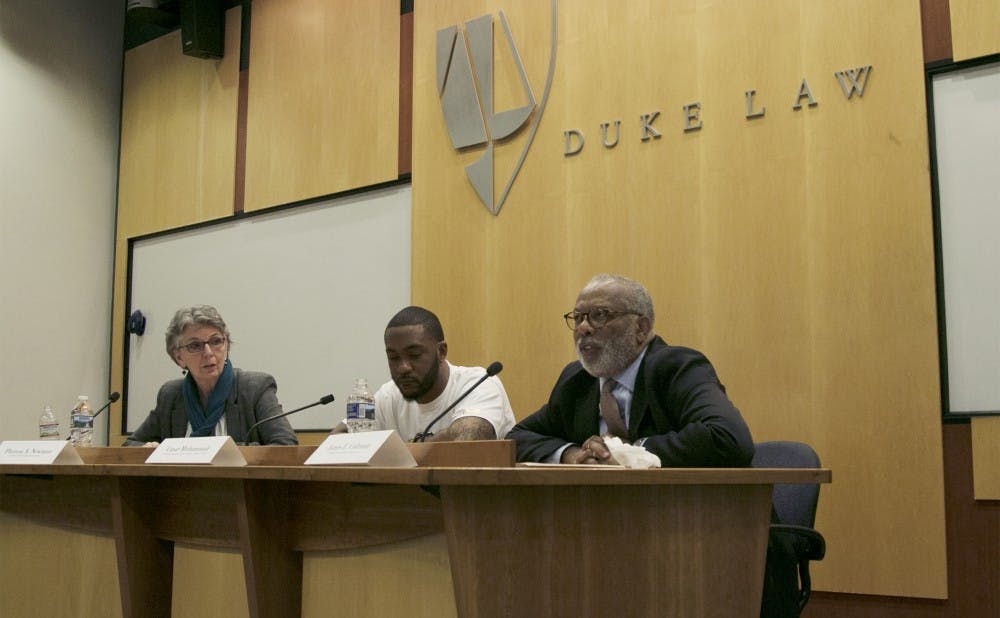 <p>James Coleman and Thersea Newman (far right and far left) serve as co-directors of Duke’s Wrongful Conviction Clinic, which investigates incarcerated felons’ claims of innocence.</p>