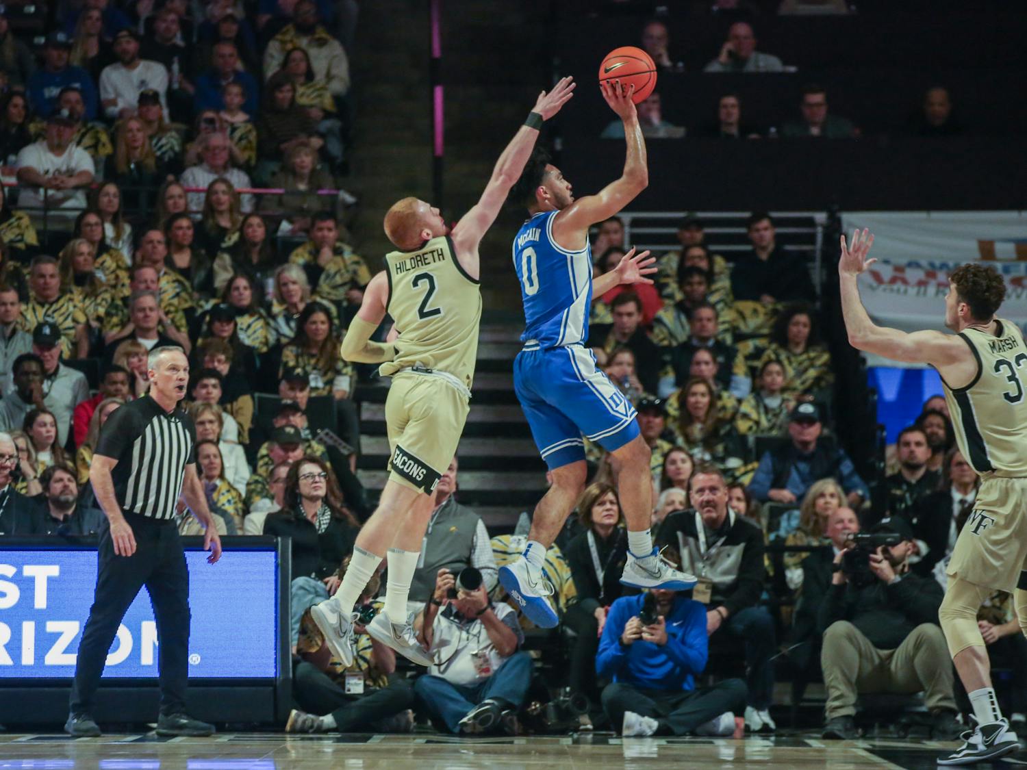 Freshman guard Jared McCain shoots a floater in Duke's game against Wake Forest.