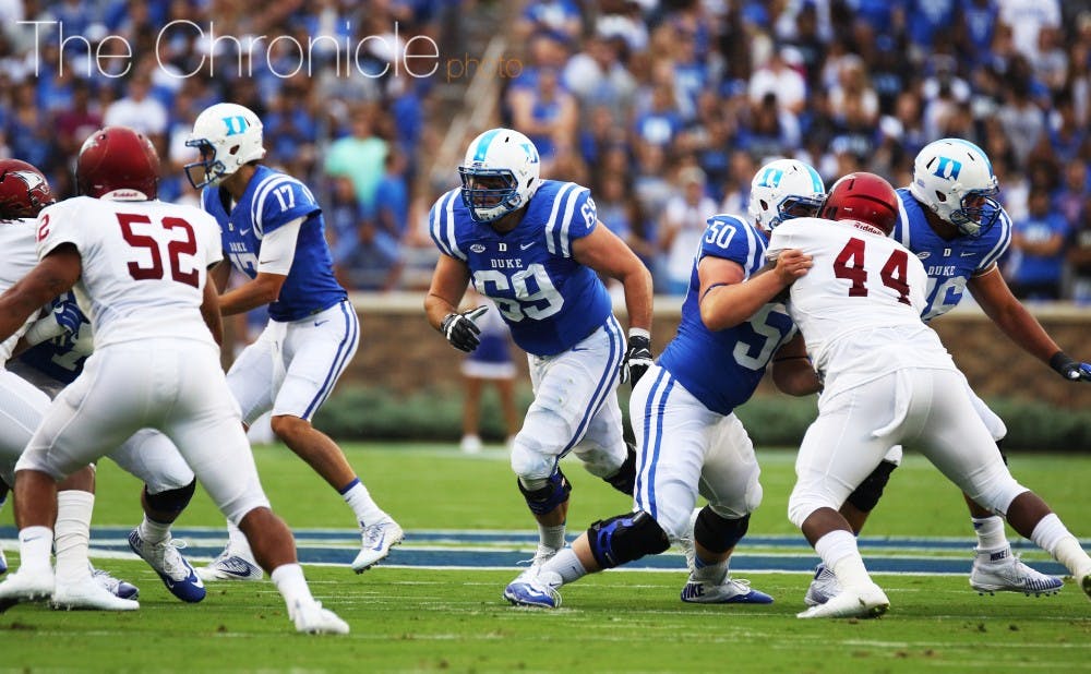 <p>Redshirt freshman Zach Baker and the Duke offensive line will have to protect quarterback&nbsp;Daniel Jones against a strong Wake Forest defense.</p>