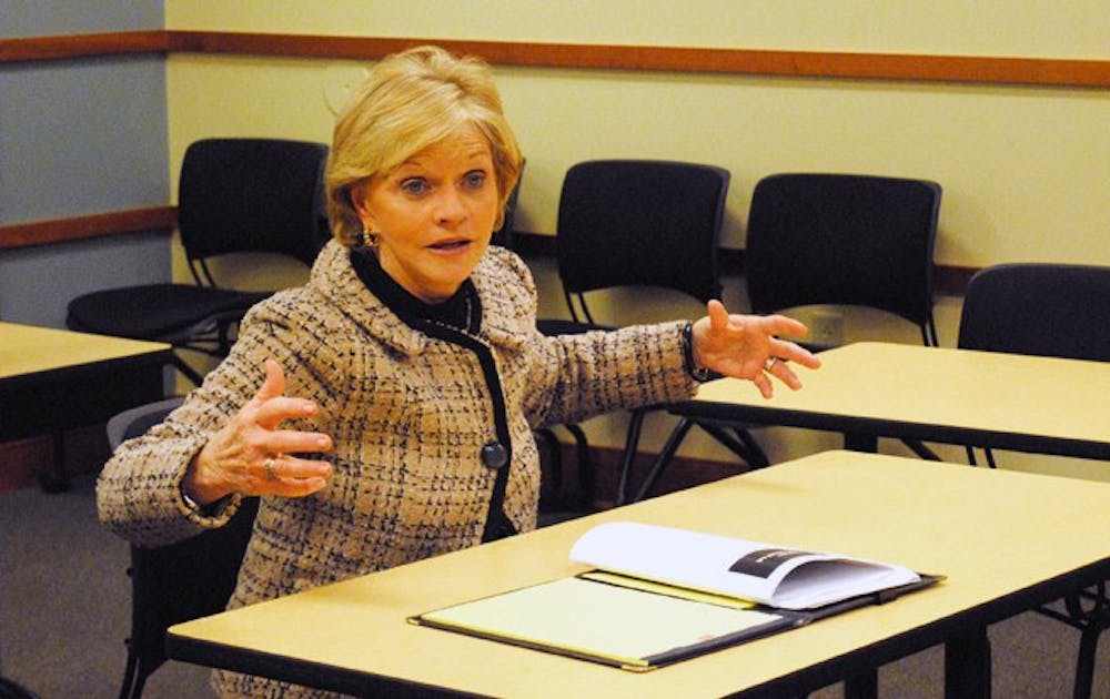Former Gov. Bev Perdue speaks to a seminar class  at the Sanford School of Public Policy Tuesday. Late last week, Purdue was chosen to be a distinguished fellow at the University starting this Fall.
