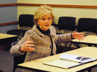 Former Gov. Bev Perdue speaks to a seminar class  at the Sanford School of Public Policy Tuesday. Late last week, Purdue was chosen to be a distinguished fellow at the University starting this Fall.
