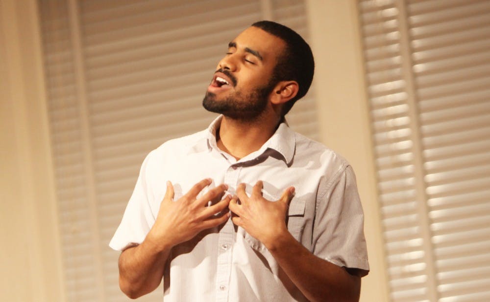 A student performs at the 2013 Me Too Monologues performance, a yearly show featuring anonymously submitted stories about Duke life.
