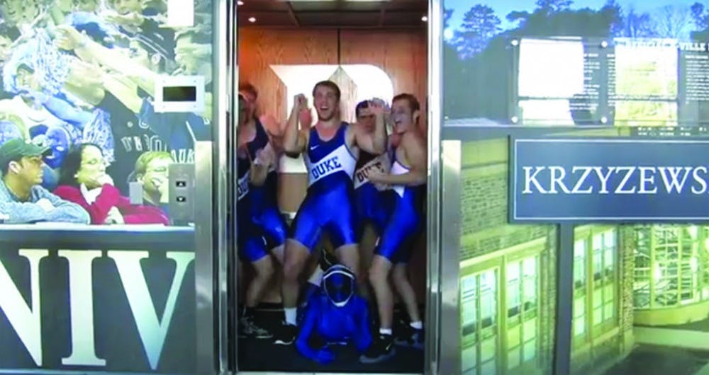 The Duke wrestling team filmed themselves dancing to Psy’s “Gangnam Style” across campus, including in the Schwartz-Butters building elevator.