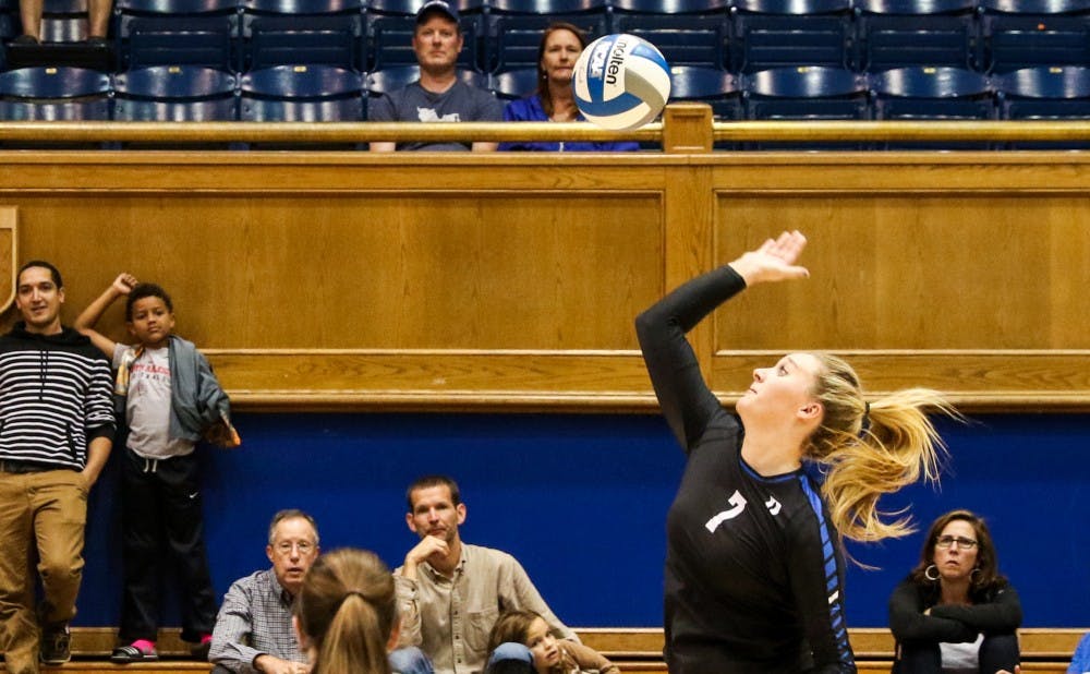 <p>Sophomore middle blocker Leah Meyer has increased her block production in recent weeks as the Blue Devils have become one of the best defenses in the ACC.</p>