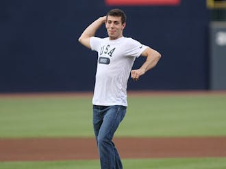 Duke diver Nick McCrory throwing out the ceremonial first pitch at last night’s Durham Bulls game, in which they beat the Norfolk Tides 3-2.