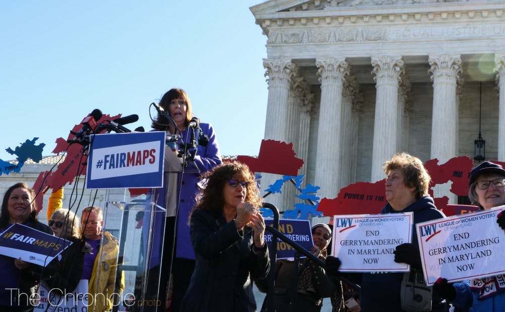 Karen Hobert Flynn, president of Common Cause, spoke at the rally. 