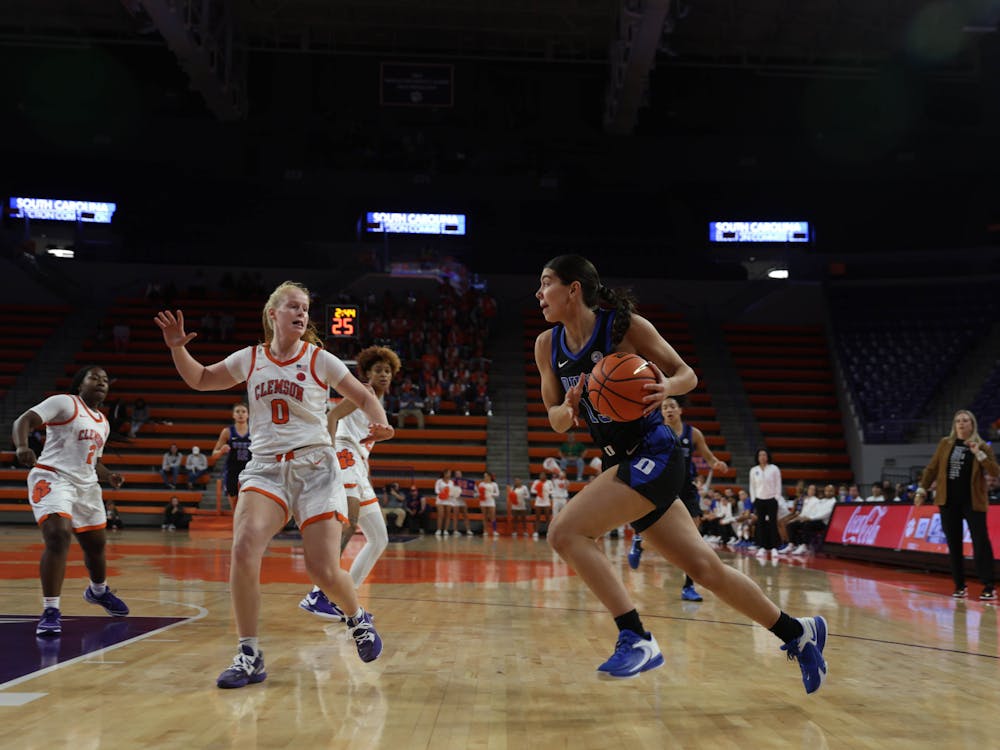 <p>Emma Koabel drives with the ball during Duke's loss to Clemson.</p>