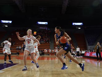 Emma Koabel drives with the ball during Duke's loss to Clemson.