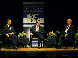 Political adviser Karl Rove and former Vermont Gov. Howard Dean engaged in a friendly debate about American policy issues at Page Auditorium Thursday evening in an event sponsored by the Duke American Grand Strategy program.