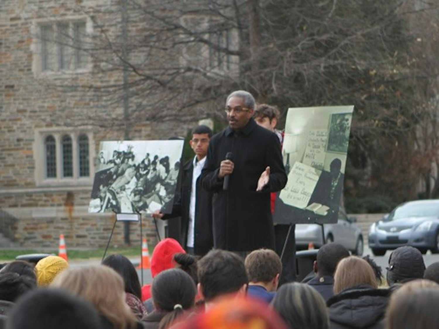 Students and members of the Duke community gather in front of the Duke Chapel Monday to honor Martin Luther King Jr. with a “sit-in” to recognize the students of 1968 who protested with sit-ins.
