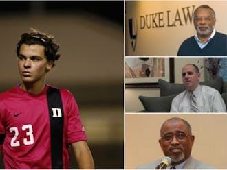 Junior men’s soccer player Ciaran McKenna (left) is suing Duke and Dean of Student Conduct Stephen Bryan (middle right) for mishandling his sexual assault hearings. Judge Orlando Hudson (bottom right) presided over the hearings. James Coleman, John S. Bradway professor of the practice of law, (top right) advised McKenna during the process. 