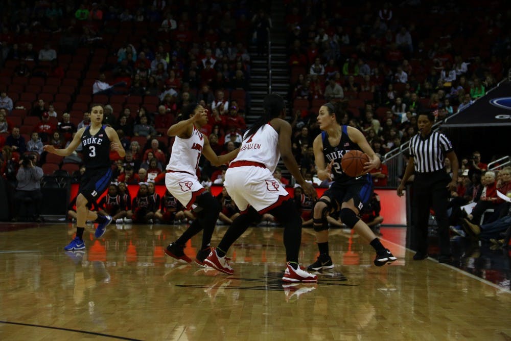Redshirt sophomore Rebecca Greenwell scored 14 points, but the Louisville pressure forced 22 Blue Devil turnovers that produced 27 Cardinal points.