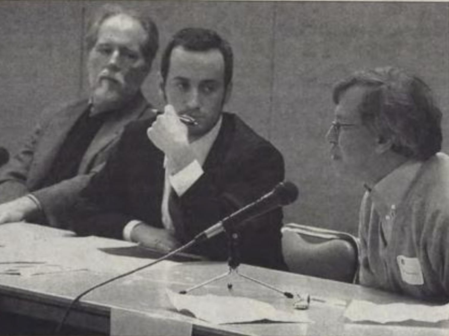Stephen Miller, center, spoke at a 2007 Martin Luther King, Jr. Day panel on affirmative action, along with professor of political science Michael Gillespie, left, and&nbsp;Erwin Chemerisky, right, who was then a law professor at Duke.&nbsp;