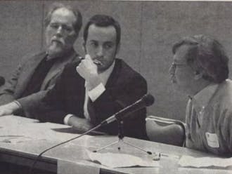 Stephen Miller, center, spoke at a 2007 Martin Luther King, Jr. Day panel on affirmative action, along with professor of political science Michael Gillespie, left, and&nbsp;Erwin Chemerisky, right, who was then a law professor at Duke.&nbsp;