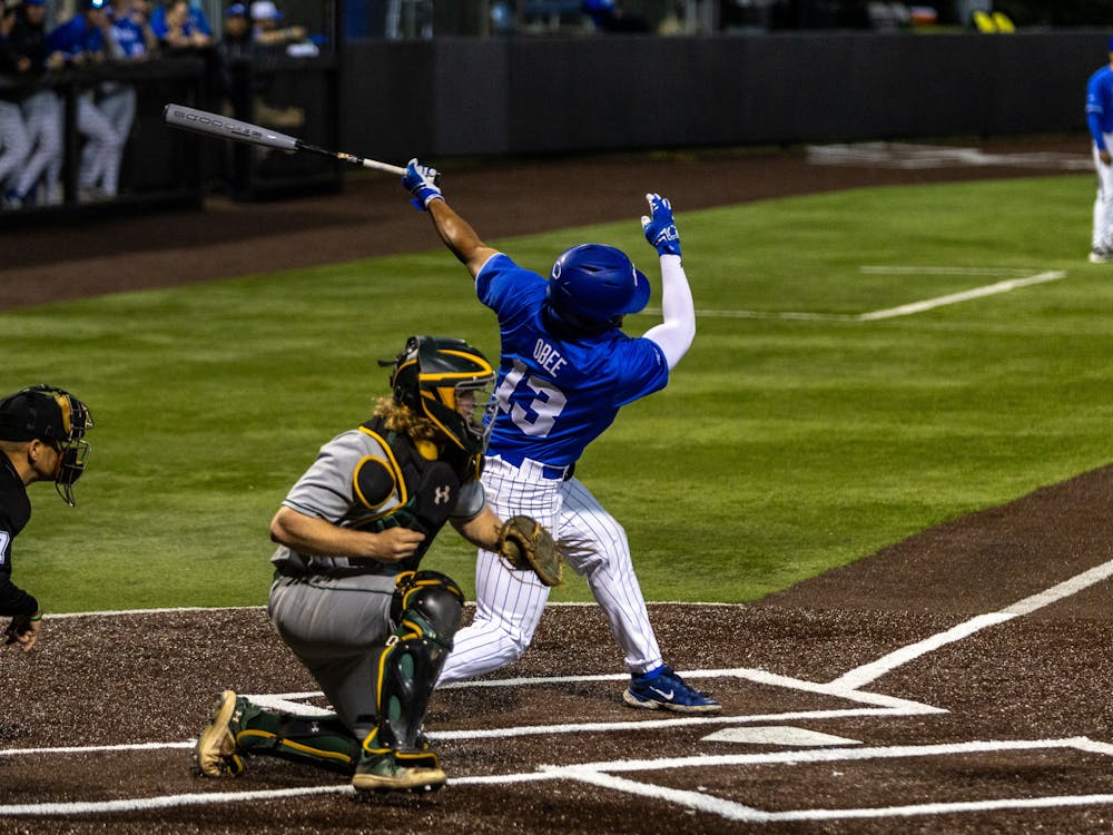 Devin Obee follows through his swing in Duke's midweek loss to William & Mary. 
