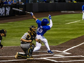 Devin Obee follows through his swing in Duke's midweek loss to William & Mary. 