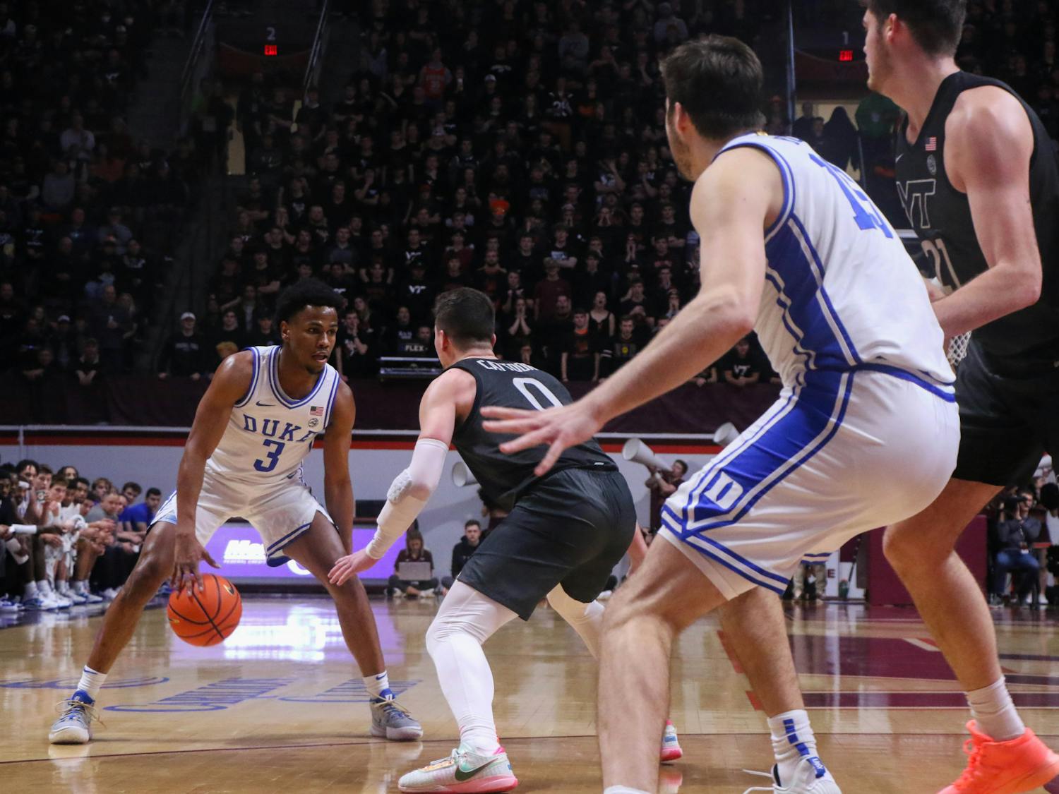 Jeremy Roach (3) dribbles during the first half of Duke's battle at Virginia Tech.