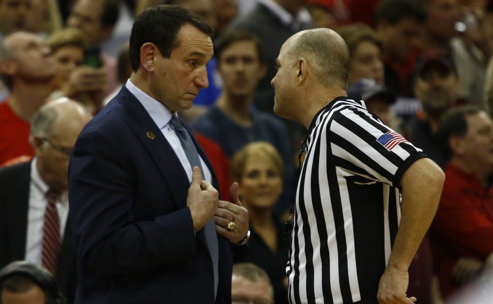 <p>Duke head coach Mike Krzyzewski was assessed a technical foul down the stretch of Saturday's game, as the Blue Devils started to unravel against the Cardinals' aggressive, physical defense.</p>
