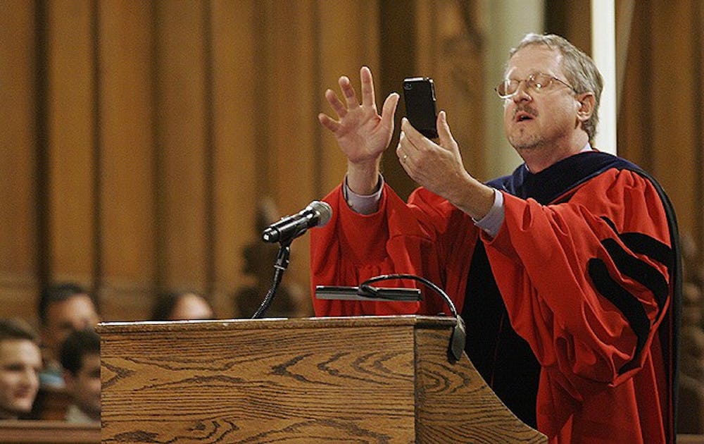 Steve Nowicki, dean and vice provost of undergraduate education Tweets a picture from the podium at Convocation in the Chapel Wednesday.