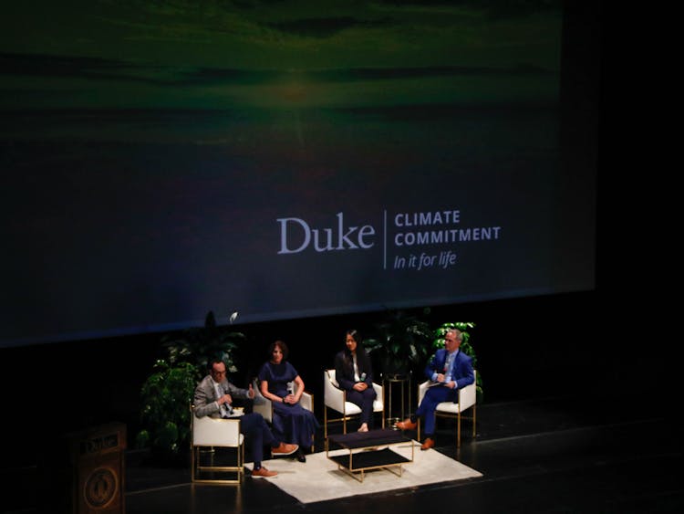 Brian Murray, interim director for the Nicholas Institute for Energy, Environment &amp; Sustainability, moderating a panel from Thursday's Duke Climate Commitment announcement with Ben Abram, Pratt ’07, Alison Taylor, Trinity ’84 and Claire Wang, Trinity ’19.