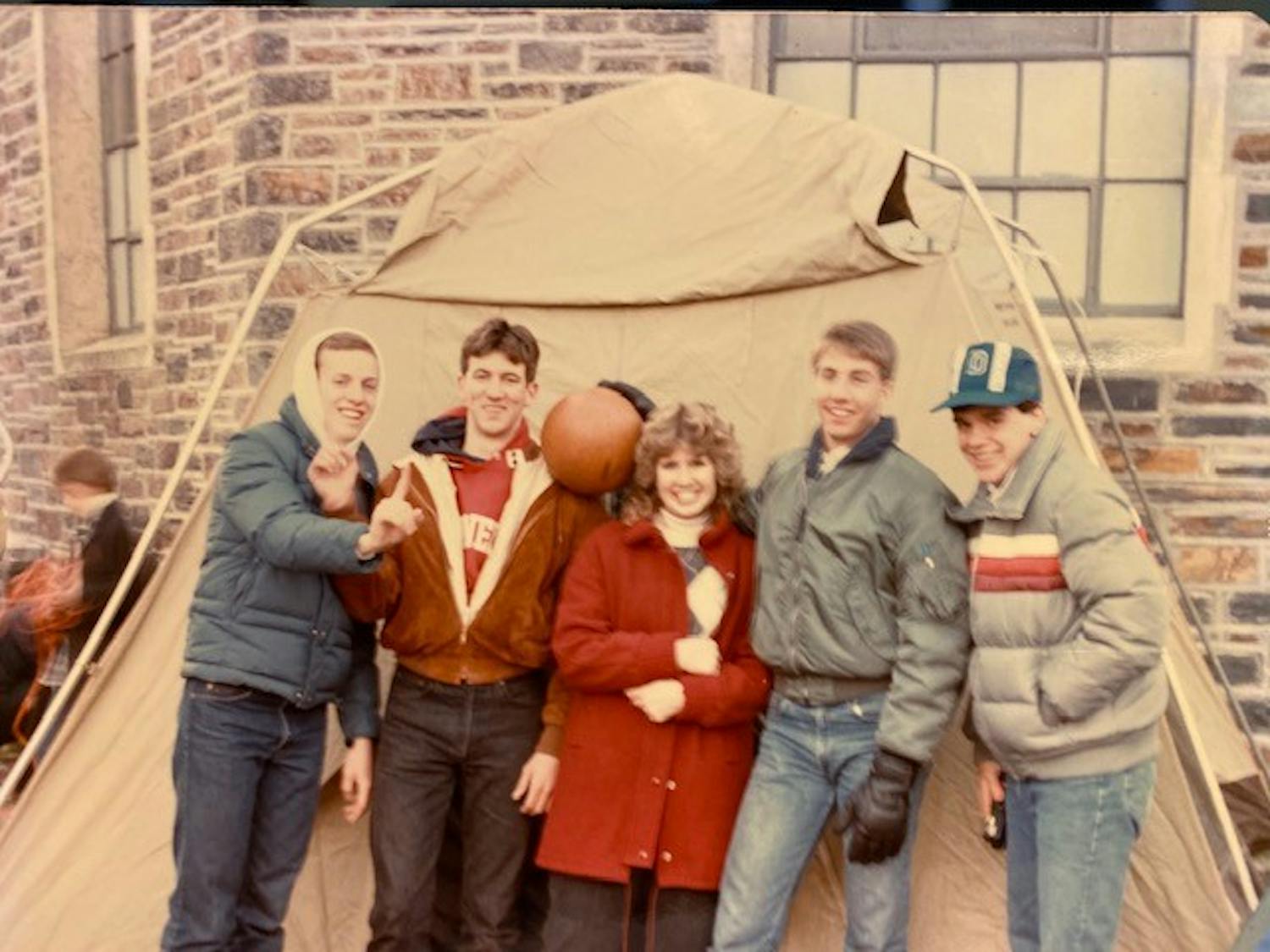 Reed and friends pose in front of one of the original Krzyzewskiville tents prior to the home North Carolina matchup in 1986.
