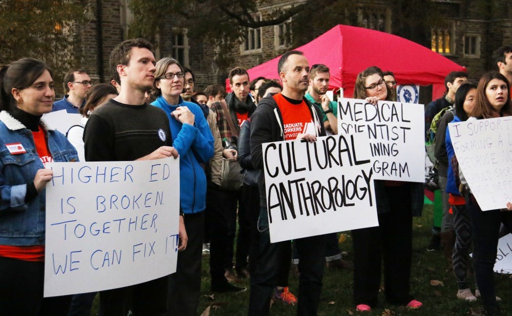 <p>Graduate students gathered outside the Allen Building Nov. 10 to celebrate officially submitting their unionization petition to the National Labor Relations Board.</p>