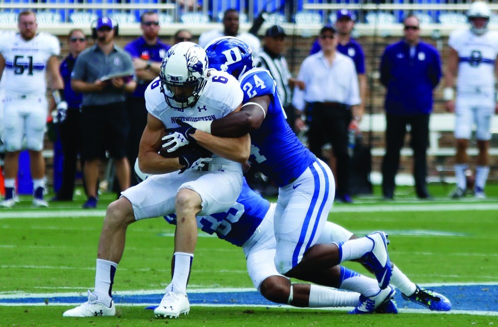 <p>Sophomore linebacker Zavier Carmichael and the Blue Devil defense will face a stiff test in containing a dangerous Georgia Tech ground game Saturday.</p>