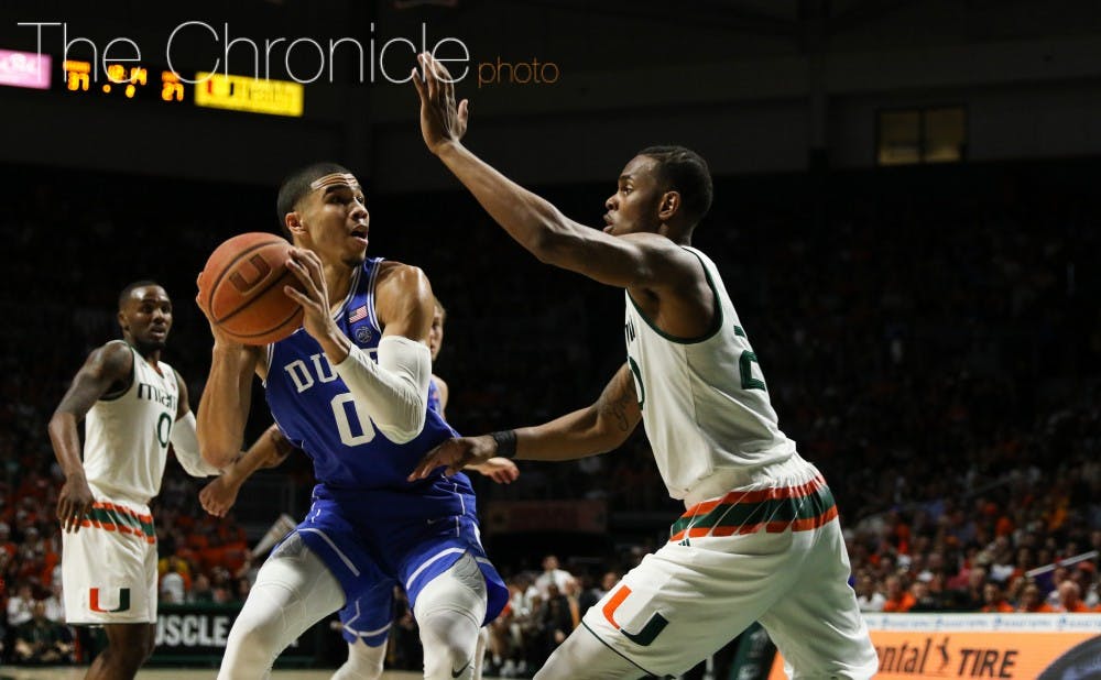 <p>Jayson Tatum asserted himself with a double-double Wednesday against Syracuse but could not find the basket three days later against Miami.</p>