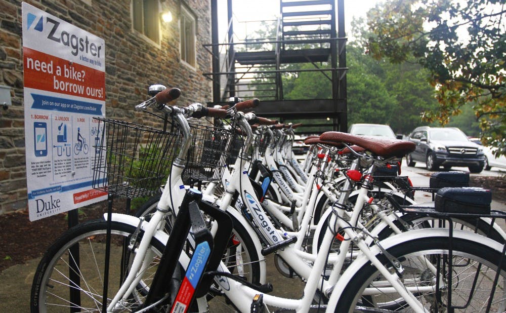 There are currently 50 Zagster bikes set up at four different locations—one at the East Campus bus stop, one at the Central Campus bus stop near Devil's Bistro and two on West Campus, one between the Social Sciences and Allen buildings (pictured) and one by Penn Pavilion.