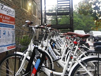 There are currently 50 Zagster bikes set up at four different locations—one at the East Campus bus stop, one at the Central Campus bus stop near Devil's Bistro and two on West Campus, one between the Social Sciences and Allen buildings (pictured) and one by Penn Pavilion.