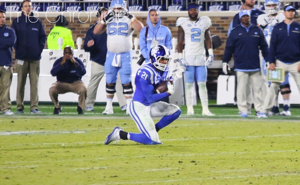 <p>Alonzo Saxton II sealed the win with his late interception&mdash;the Blue Devils kept North Carolina out of the end zone on its last seven drives.</p>