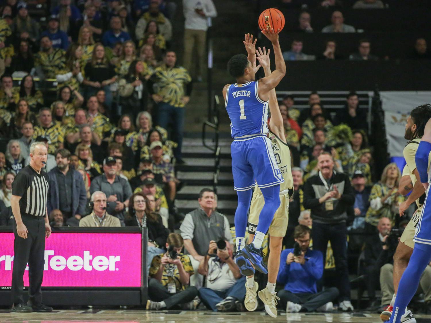Freshman guard Caleb Foster takes a shot in Duke's game against Wake Forest, his last appearance of the season.