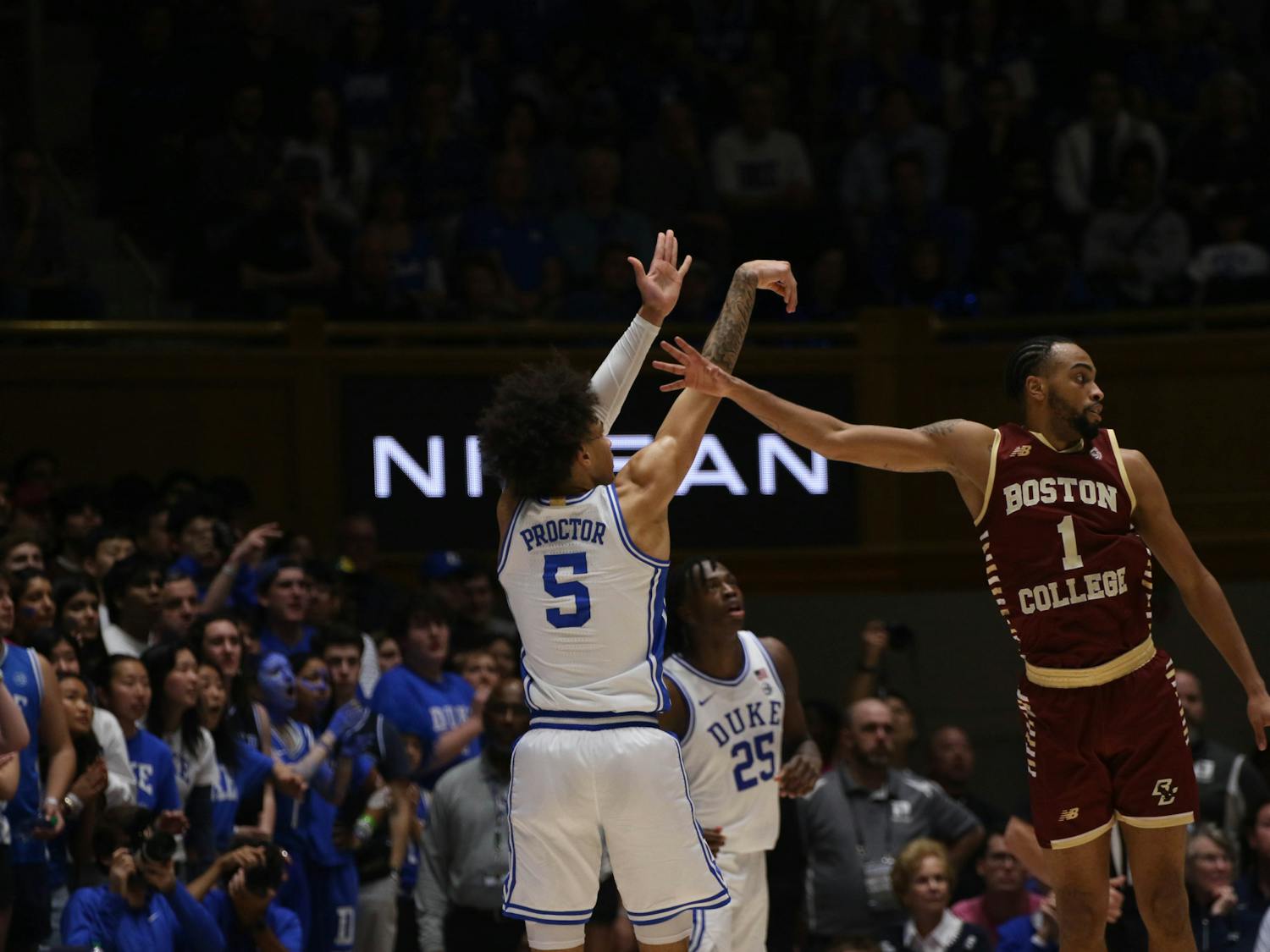 Sophomore point guard Tyrese Proctor takes a shot in Duke's game against Boston College.
