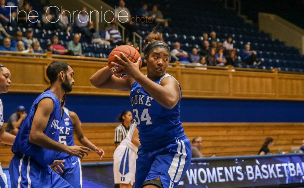 <p>Lyneé Belton posted a double-double with 17 points and 10 rebounds in Duke's Blue-White scrimmage last Sunday.</p>