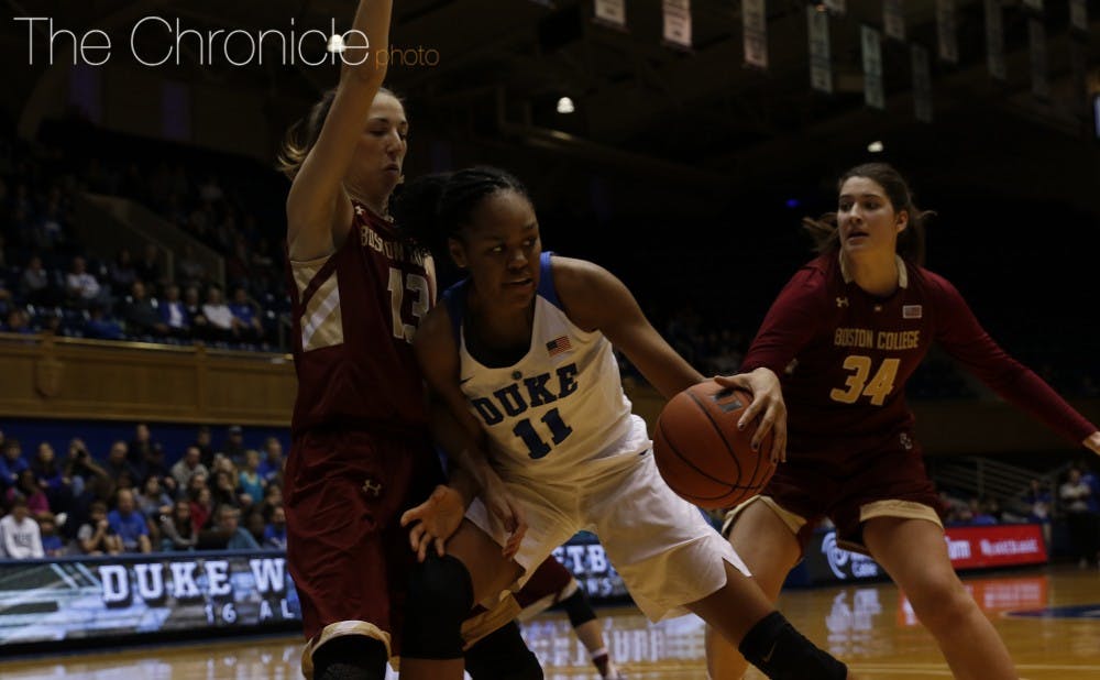 Behind Azurá Stevens' 11th double-double, the Blue Devils cruised past Boston College with a 37-21 rebounding edge and 15-3 advantage on the offensive glass.
