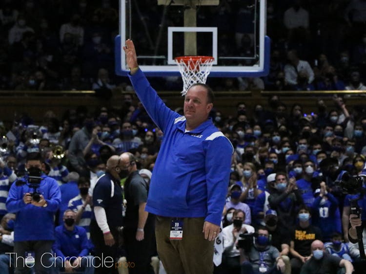 New head coach Mike Elko is introduced at a Duke men's basketball game Tuesday.