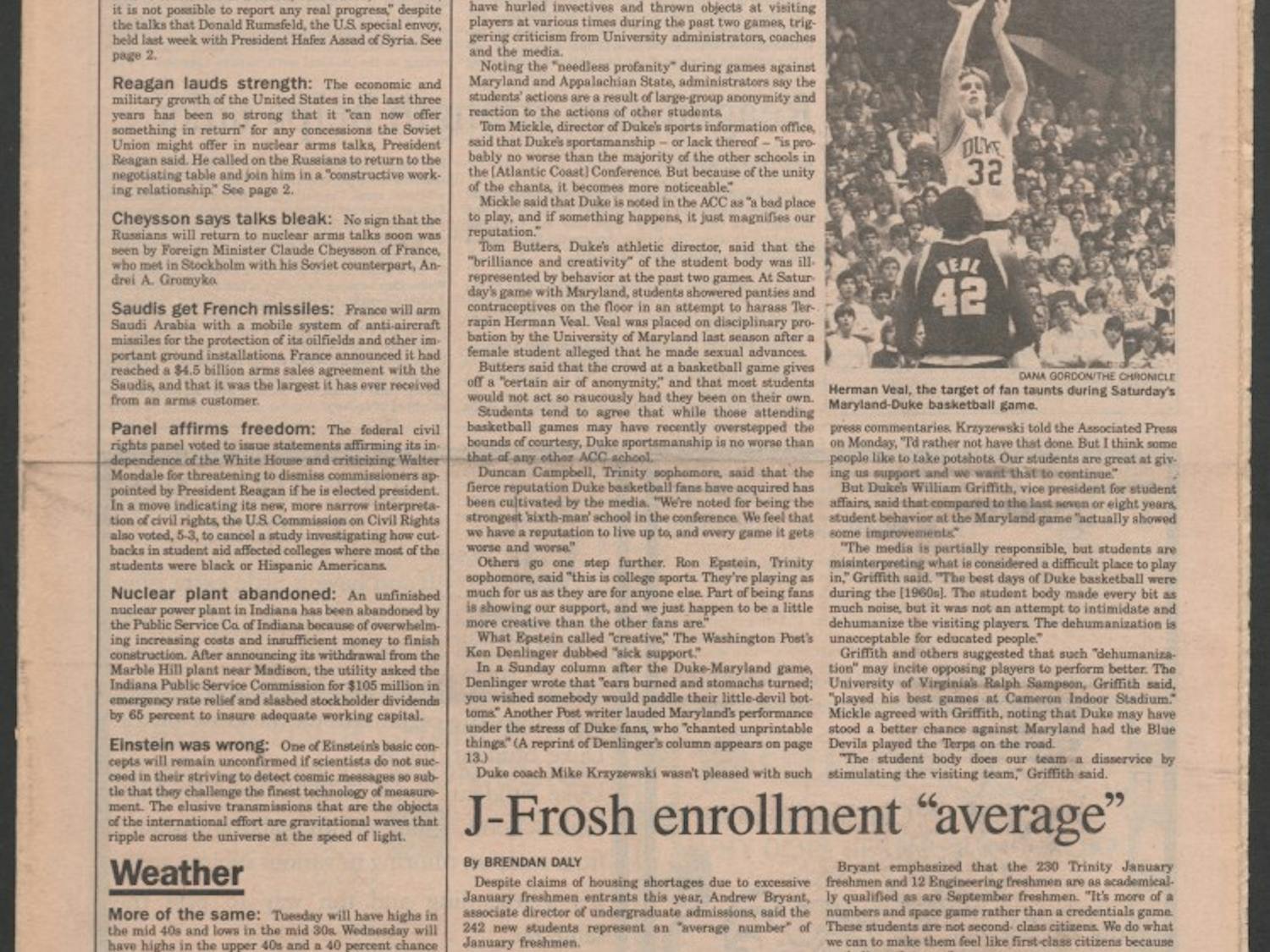 The media did not take kindly to a particularly obscene taunt from the Cameron Crazies in 1984.