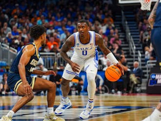 Dariq Whitehead handles the ball in Duke's NCAA tournament victory against Oral Roberts.