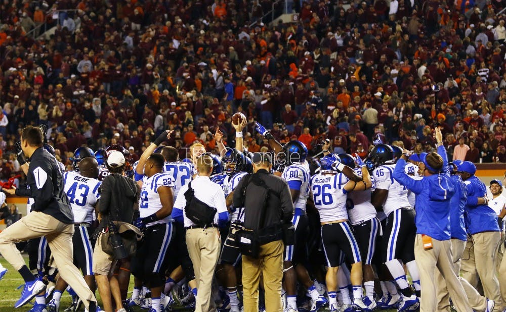 <p>The Blue Devils celebrated their second victory in Blacksburg—the first program to do so since Virginia in the mid-1990s—in a four-overtime thriller Saturday.</p>