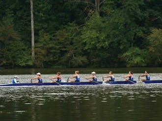 The Blue Devils' top varsity eight boat shaved more than two minutes off its time from the Princeton Chase Sunday morning at the Rivanna Romp.