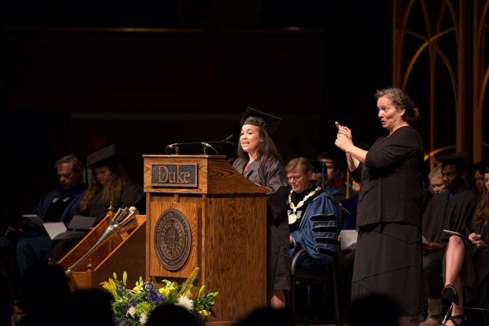 Senior Kristina Smith, president of Duke Student Government, addresses the Class of 2022.