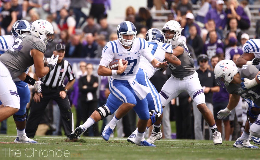 <p>Daniel Jones led the Blue Devils downfield for a touchdown on their first possession Saturday.</p>