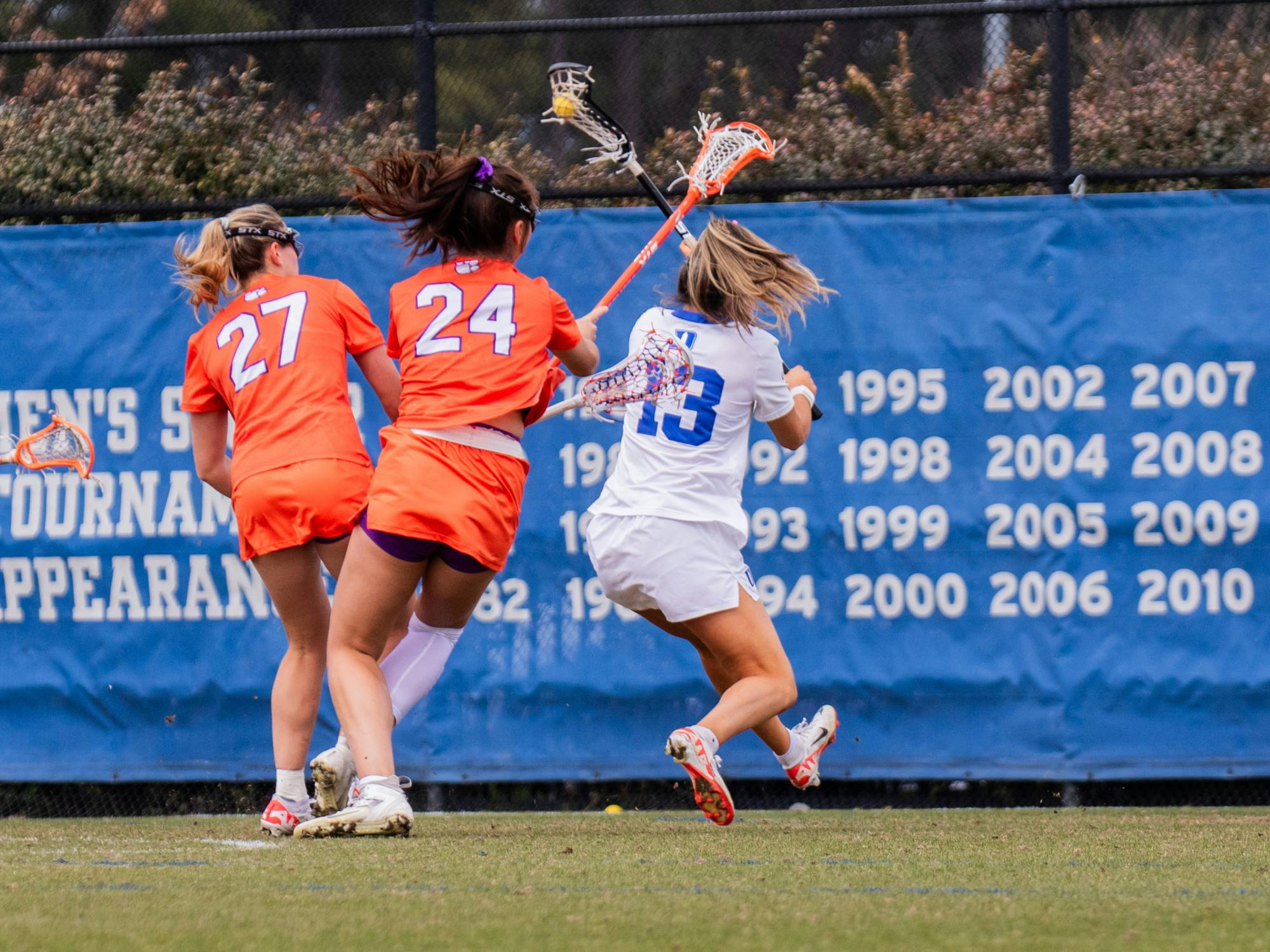 Freshman midfielder Caitlin Barrett fires a shot off in Duke's loss against Clemson. 