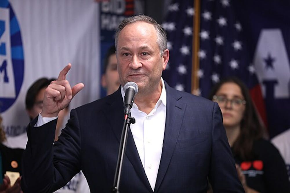 <p>Second Gentleman Doug Emhoff at a July 2024 campaign rally.</p>