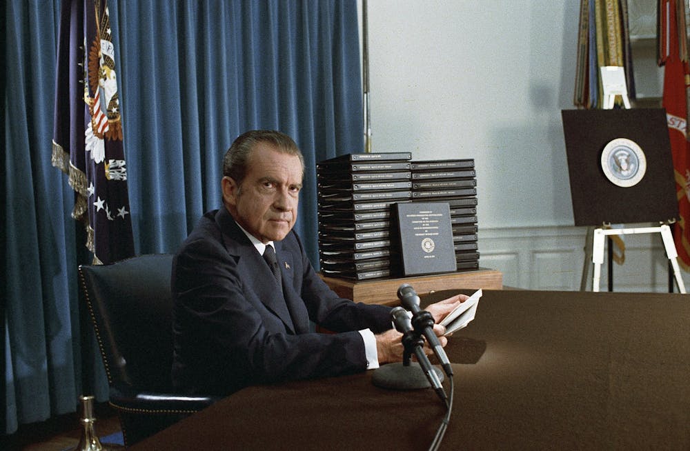 Richard Nixon preparing to address the nation regarding the presidential tapes on April 29, 1974.