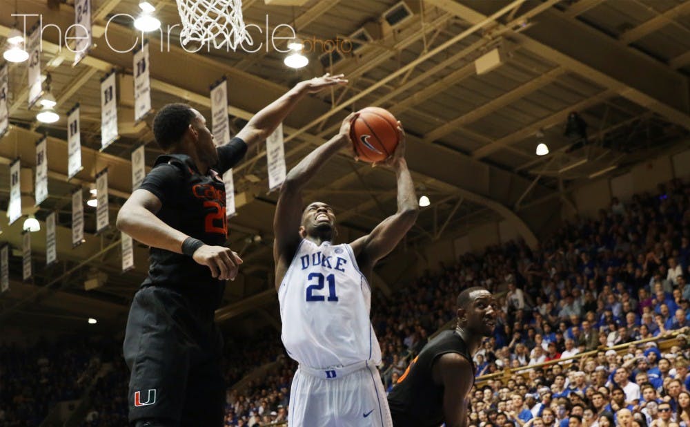 <p>Graduate student Amile Jefferson returned Saturday after a two-game absence and grabbed 12 rebounds to lead Duke's efforts on the boards.</p>